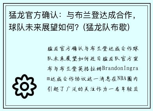 猛龙官方确认：与布兰登达成合作，球队未来展望如何？(猛龙队布歇)